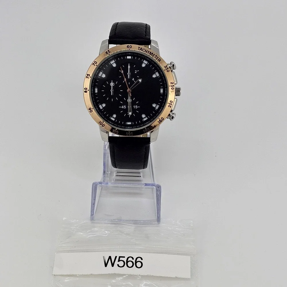 48MM Men's Analog Watch Black Dial Black Faux Leather Bands New‎ Battery